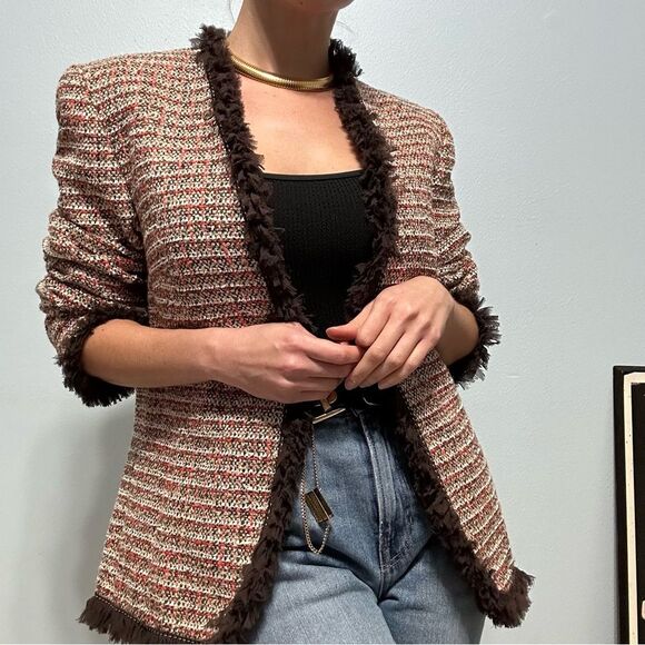 ESCADA Multicolor Check Tweed Fringe Jacket Sz EU 36 Fuzzy Ruffle Trim - Picture 1 of 13